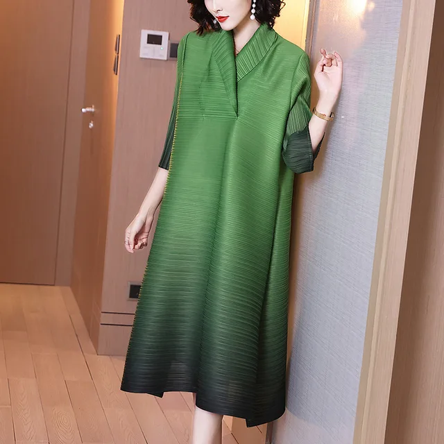 DEAT Woman Pleated Seven Sleeve Dress Purple Gradient Design Lapel Collar Over Size Casual Style 2021 New Autumn Fashion 15HT160 6