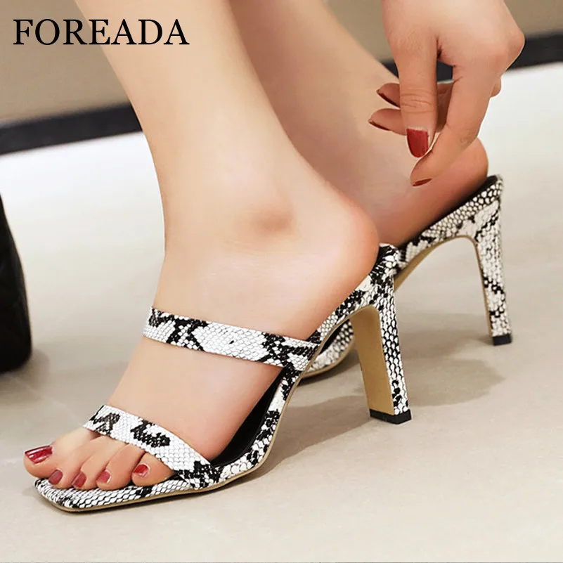 

FOREADA Women Slides Square Toe High Heels Narrow Band Slippers Snake Print Thick Heels Shoes Ladies Sandals Summer Big Size 46