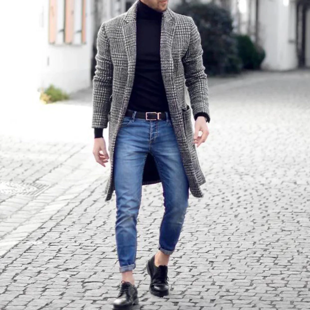 Flash Sale Men Fashion Plaid Wool Blends Office Causal Single Breasted Turndown Collar Thick Retro Plus Size Long Winter Coat M-3XL Gray