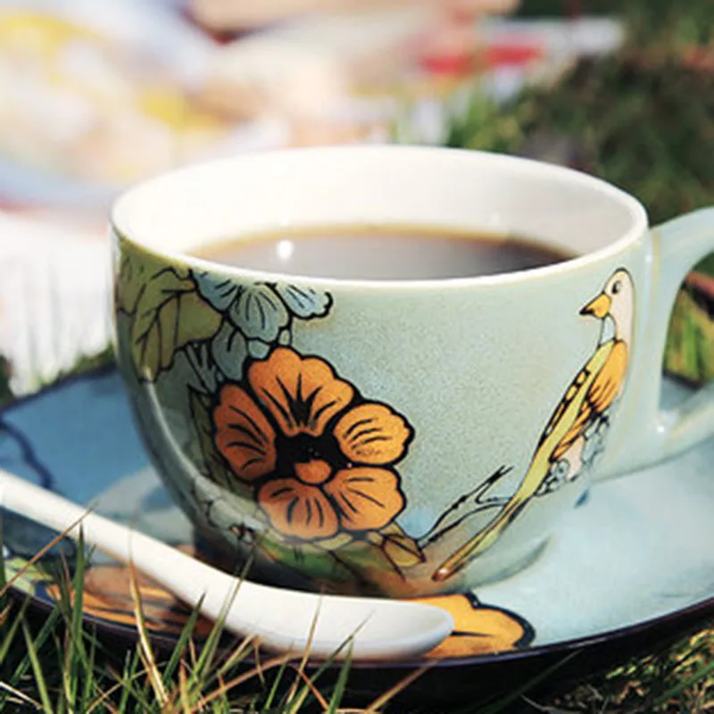 Элегантная винтажная кофейная чашка нарисованный вручную цветок чашка блюдце китайский чай керамическая винтажная Beker украшение Мелодия кофейная чашка ABD556 - Цвет: Set1
