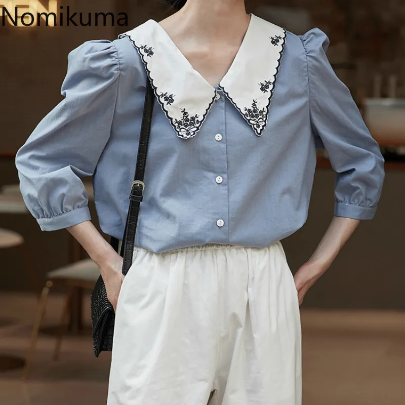Nomikuma Korean Floral Embroidery Turn Down Collar Blouse Tops 3/4 Puff Sleeve Women Shirts Autumn New Sweet Blusas Mujer 6B487 | Женская