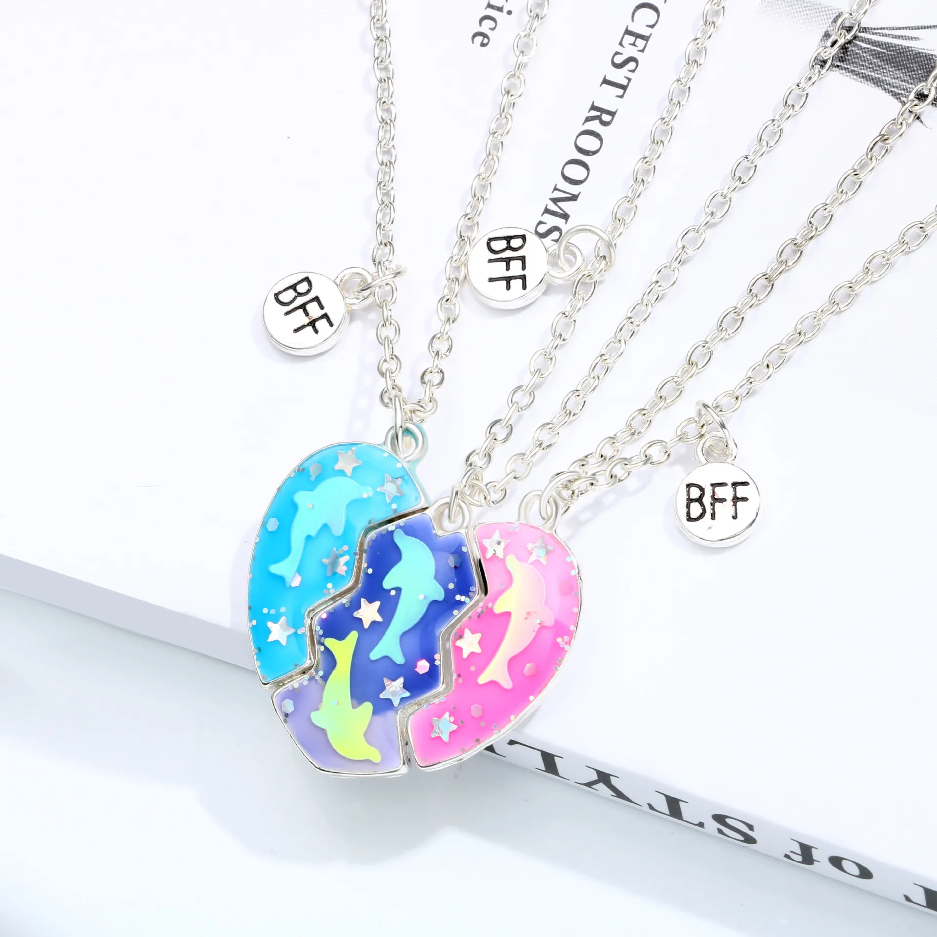 Fashion good friend children's necklace geometric dripping oil magnet  stitching love necklace 3 sets