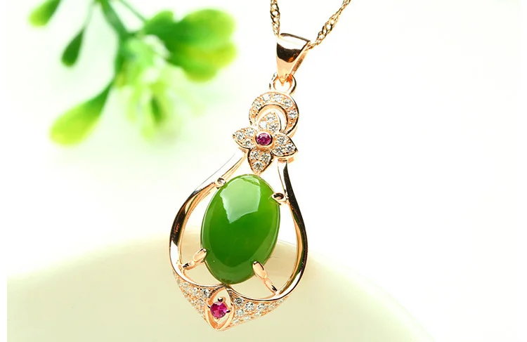 Bague Ringen Sterling Silver 925 Necklaces For Women with oval shape green Jade Pendant Fashion Weddings woman party Gift