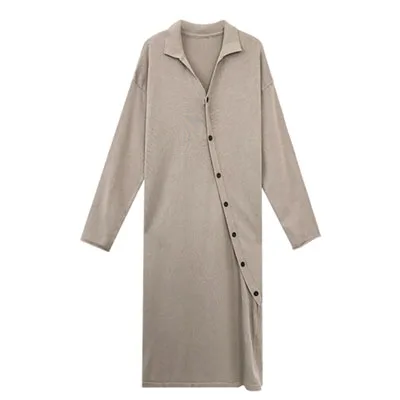 2021 Autumn Plus Size 4XL Women Dress Loose Long Sleeve Ladies Vestidos Khitted Design Button Dresses V-Neck Brand Robe KE1881 Khaki