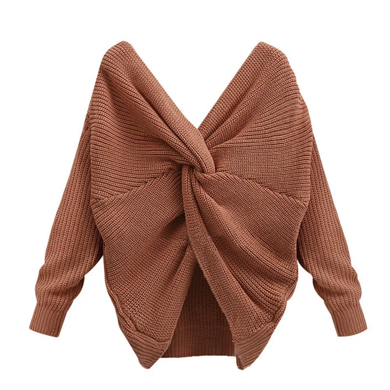 

Fashion Solid Color Women V Neck Back Twisted Sweater Long Sleeve Knitted Sweaters Pullovers Tops #E