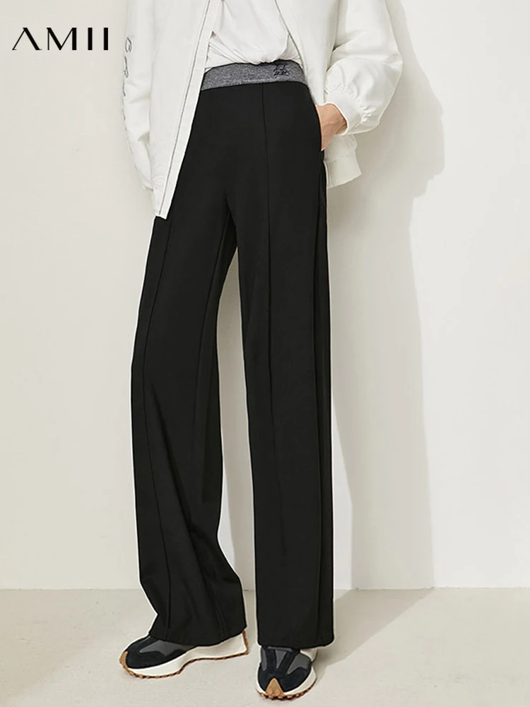 Amii Minimalism Women Pants Office Lady Elastic High Waist Contrast Embroidery Casual Wide Leg Straight Trousers 12160089 | Женская