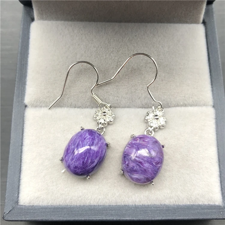 

Charoite flat oval purple hook earrings FPPJ wholesale beads nature