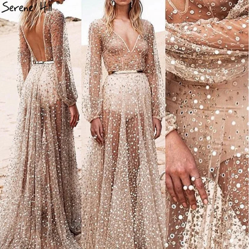 

Nude Backless Long Sleeves A-Line Evening Dresses 2019 V-Neck Beading Perspective Sexy Evening Gowns Long Serene Hill LA70194