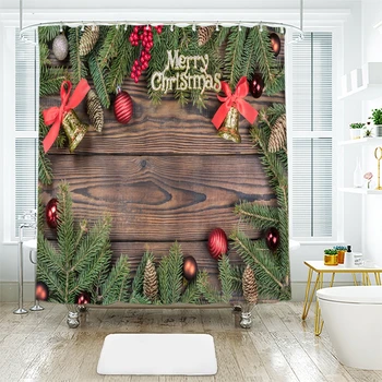 

3d Christmas Shower Curtains Wood Grain Tree and Bell Pattern Waterproof Thickened Bath Curtains for Bathroom Customizable