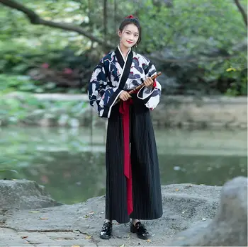

Chinese Japanese stage costume HanFu Element Daily HanCollar Top jacket+Trousers Printed Crane Retro-ancient Ethnic Style Women