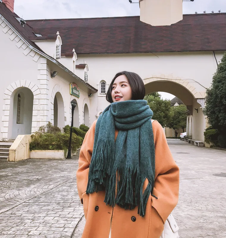 Sparsil, женский зимний двухсторонний шарф из искусственного кашемира с кисточкой, радужная шаль, большой длинный плотный теплый хиджаб, шарфы - Цвет: 15LongBeardDarkGreen