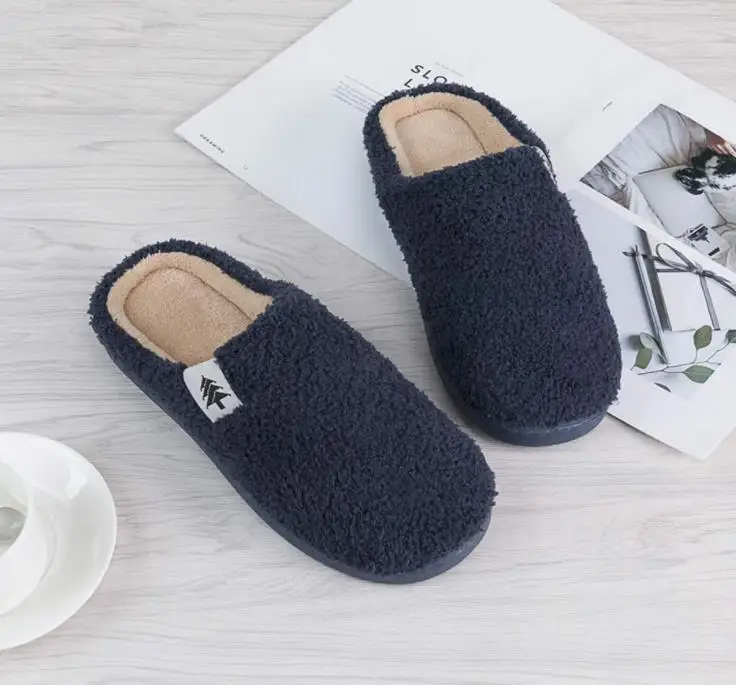 Original xiaomi household plush cotton slippers PVC non-slip soles winter warm slippers couple shoes smart - Цвет: Male navy 43-44