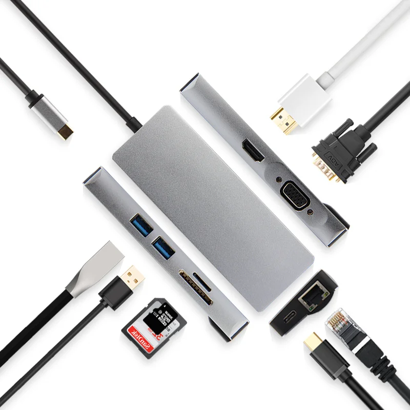 Ajiuyu USB C концентратор type-C адаптер док-станция Thunderbolt 3 мульти порт HDMI VGA USB RJ45 Gigabit Ethernet сплиттер для MateBook Pro Air