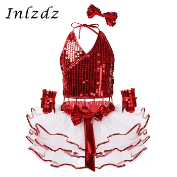 

Kids Girls Jazz Modern Dance Costume Outfit Sparkly Sequins Halter Crop Top with Mesh Tutu Dress and Wrist Sleeves Hair Clip Set