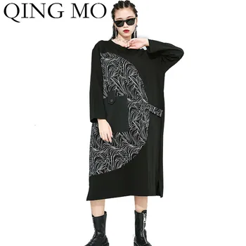 

QING MO Fashion Brand Black Women Spring Dress 2020 Women Personality Printed Dress Female Streetwear Loose Dress ZQY2568