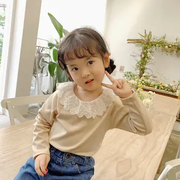 

WLG girls t shirt kids autumn peter pan collar long sleeve beige pink wine red yellow tops baby girl casual all match clothes