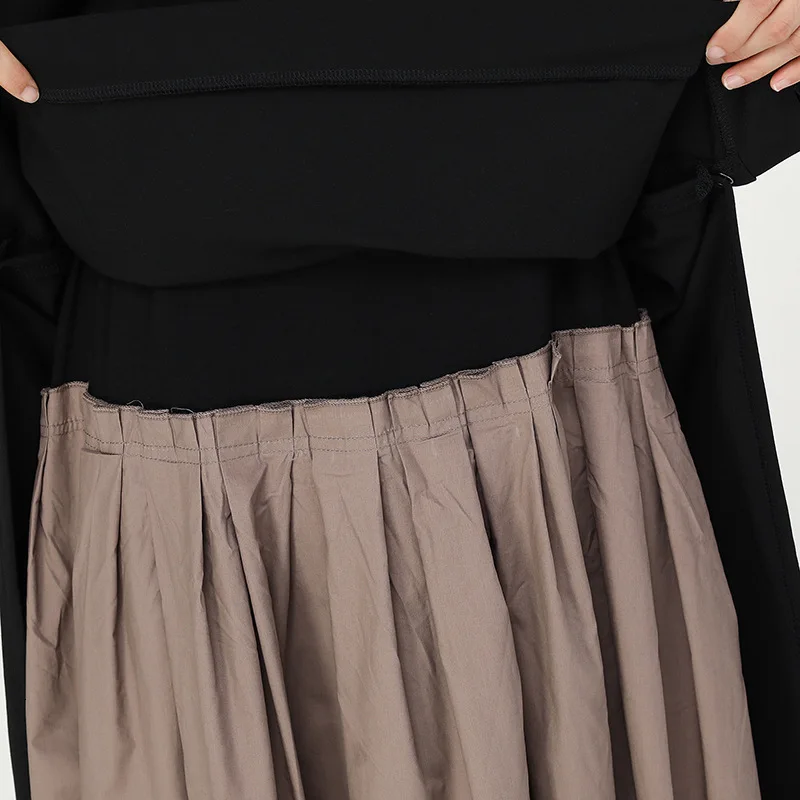[EAM] женское длинное плиссированное платье из двух частей цвета хаки, новинка, круглый вырез, длинный рукав, свободный крой, мода, весна-осень, 1B681