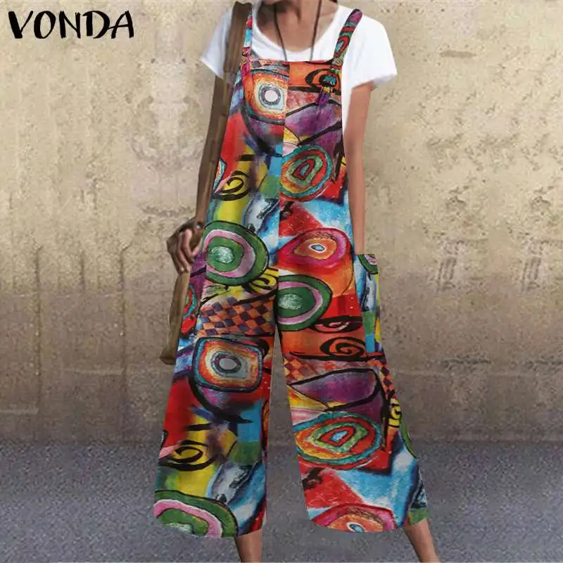 Jumpsuits Rompers VONDA Plus-Size Bohemian Overalls Long-Trousers Print Summer Wide Casual