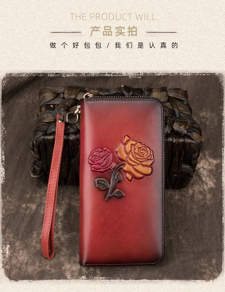 cossroll New first layer cowhide wallet long zipper ladies leather card bag large capacity European and American clutch bag