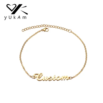 

YUKAM Jewelry Stainless Steel Gold Personalized Custom Name Bracelets Handmade Engraved Letter Charms Bracelets for Women Gifts