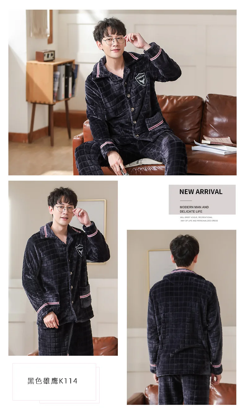 2021 New Winter Thick Warm Flannel Men Pajama Set Casual Long Sleeve Coral Velvet Sleepwear Suit Men Loungewear Homewear Clothes jockey pajama pants