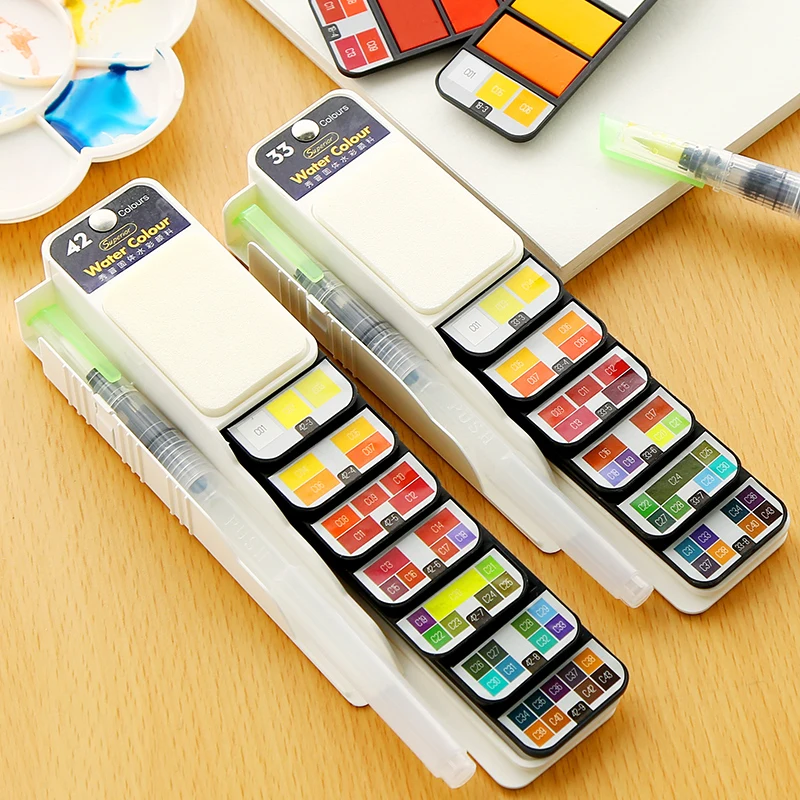 18/25/33/42 Colors Solid Watercolor Set Collapsible Water Color Paint Water Brush Creative Pigment for Drawing Stationery