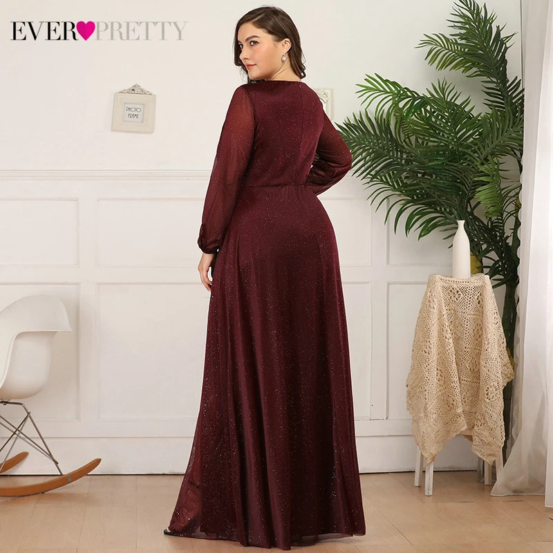 Plus Size Burgundy Prom Dresses Ever Pretty A-Line Deep V-Neck Side Split Long Sleeve Sexy Sparkle Formal Party Gowns Sukienki