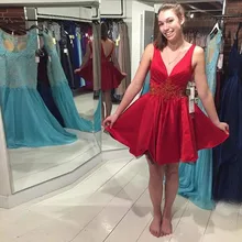 Новые красные платья для выпускного вечера с v-образным вырезом, расшитые бисером, с поясом, с рюшами, выпускное платье, короткие трапециевидные вечерние платья для невесты