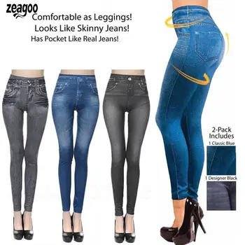 

New Fashion Women Seamless Imitation Denim Thickening Solid Pencil Winter Leggings Slim Casual