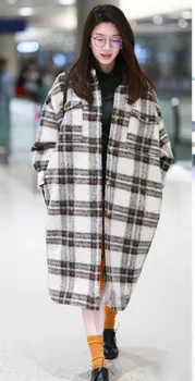 

2020 Winter New Color Contrast Plaid Woolen Cloth Turn Down Collar Single Breasted Loose Coat Long Casual Overcoat Women Blends