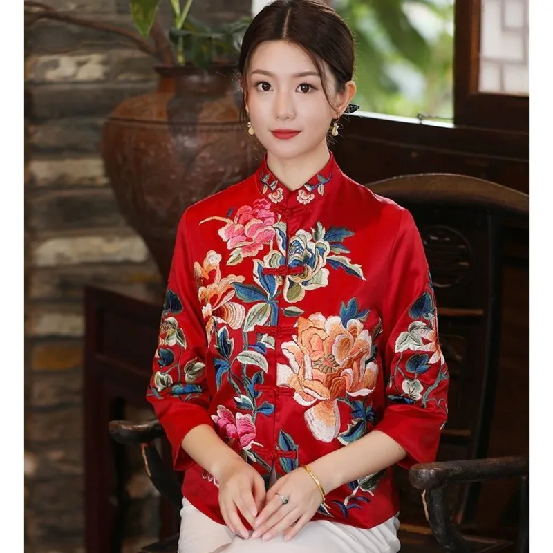 Ethnic Style Vintage Harajuku Embroidery Chinese Tops Women Jacket Eleganti Loose Cotton Coat Tang Suit Female Autumn