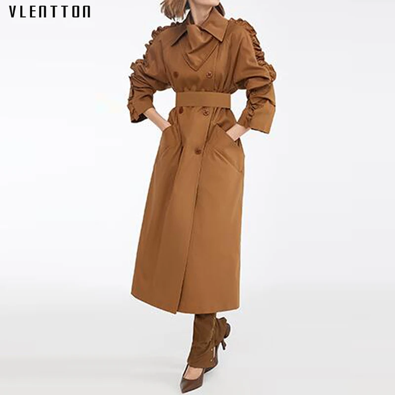 

2019 Fashion Autumn Vintage Women's Trench Coat Solid Pockets Ruffles Tunic Sashes Slim Long Windbreaker Female Casaco Feminino