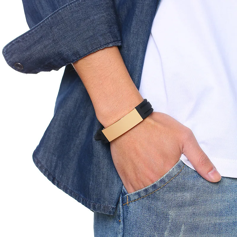 LETAPI – Bracelet en caoutchouc pour hommes, marque en Silicone, coulissant, réglable, signe d'alerte médicale, personnalisé, garçon, accessoires de mode