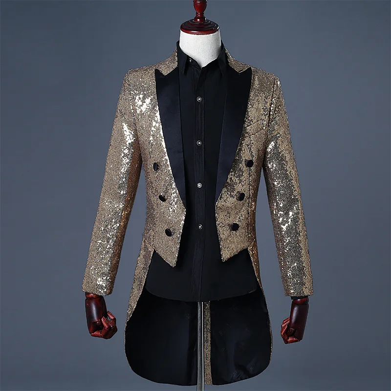 Shiny Gold Sequin Long Tuxedo Dress Blazer Men Nightclub Prom Mens Glitter Suit Tailcoat Jacket Wedding Party Stage Costumes | Мужская