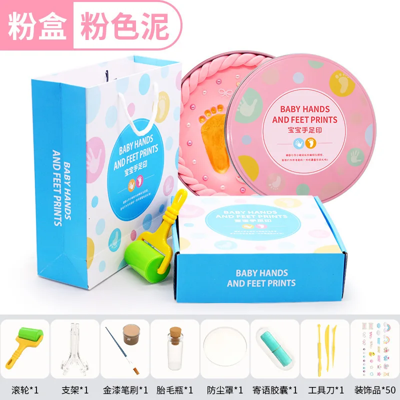 Pink box pink mud Детский отпечаток рук и следов грязи DIY игрушка милый сувенир ручной и ножной Пластилин детский подарок на день рождения коробка с подвижным номером - Цвет: Pink box pink mud