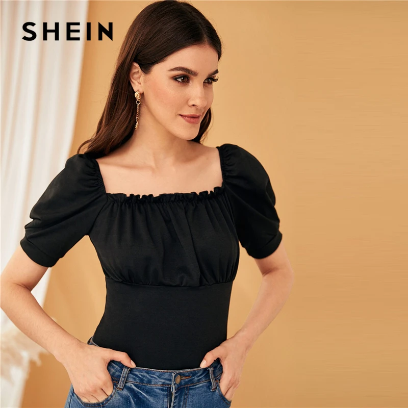 SHEIN черная одежда с люверсами на шнуровке сзади Сексуальный Боди женские топы летние пышные рукава квадратный вырез элегантные обтягивающие боди