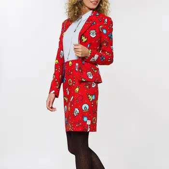 

Autumn Winter Slim Christmas Red Blazer Notched Women Short Print Basic Coats