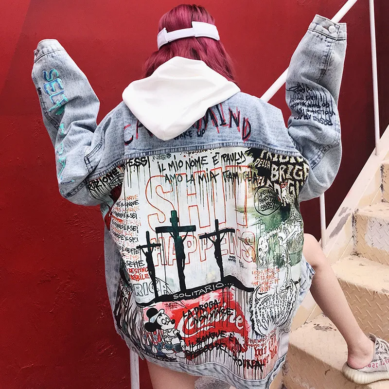 Джинсовая куртка для мужчин с рисунком граффити с винтажным принтом Рэппер уличные джинсы куртка хип-хоп стиль мотоциклетная Повседневная куртка пальто