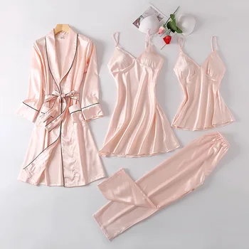 

Pink Satin Bride Bridesmaid Wedding Gown Lady Kimono Bathrobe Gown 4PCS Pajamas Set With Belt Sleepwear Home Wear Nightwear