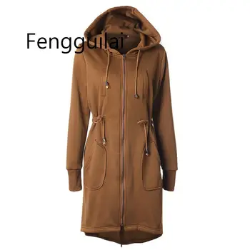 

2019 Autumn Winter Women Wool Coat Drawstring Waist Hoodies Zipper Long Sleeved Pocket Plus Long Coats Female Windbreaker Trench