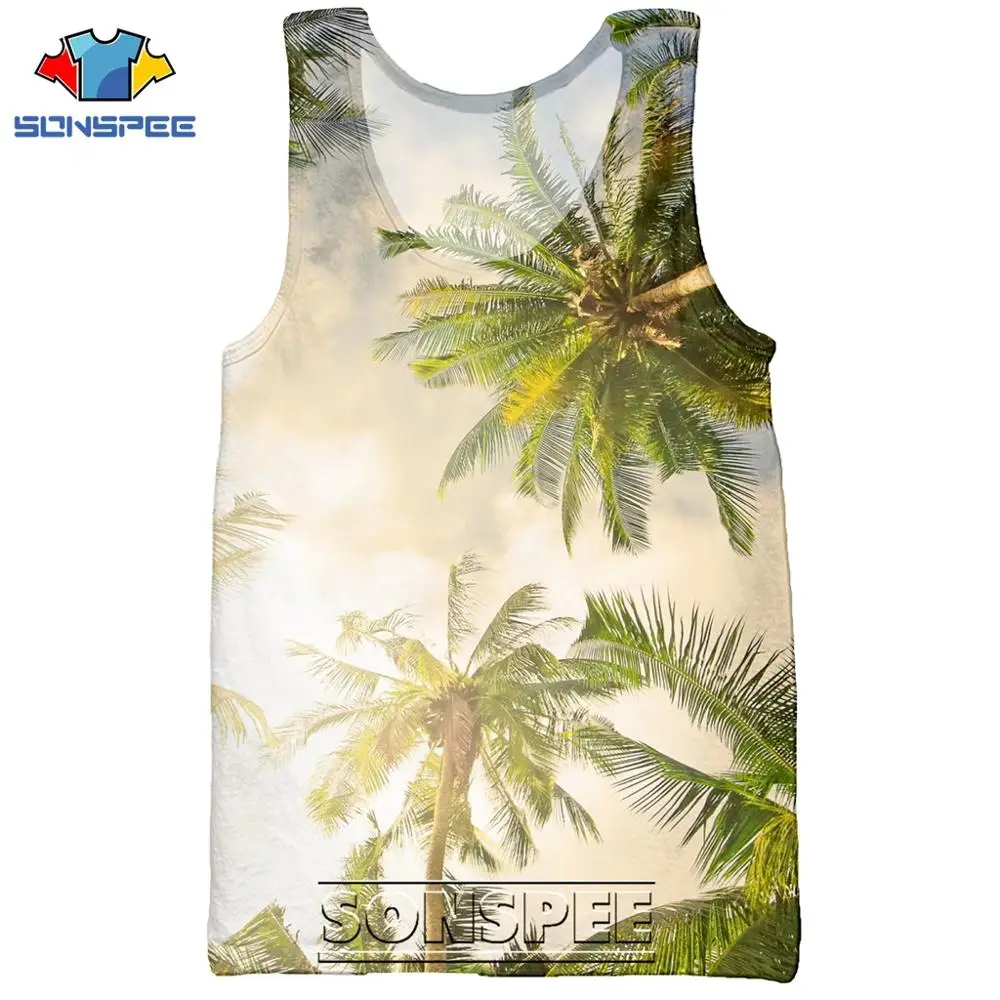 SONSPEE 3D Print Palm Tree Summer Beach Sea Men's Tank Tops Casual Fitness Bodybuilding Gym Muscle Men Sleeveless Vest Shirt