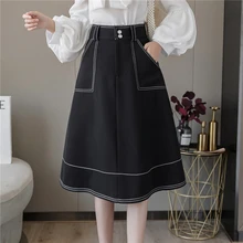 

Women Spring Summer A-Line High Waist Knee Length Skirts 2021 New Fashion Hit Color Casual Skirt Black Slim Female Elegant Skirt