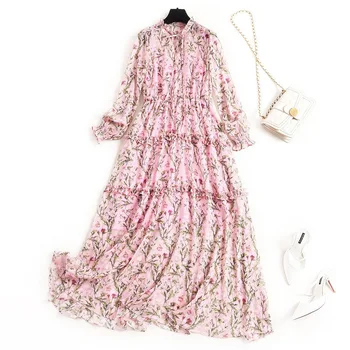 

Pink Print Maxi Dress To Floor-Length Prairie Chic A-Line O-Neck Robes Femme Nouveautes 2020 Summer Long Dress long sleeve