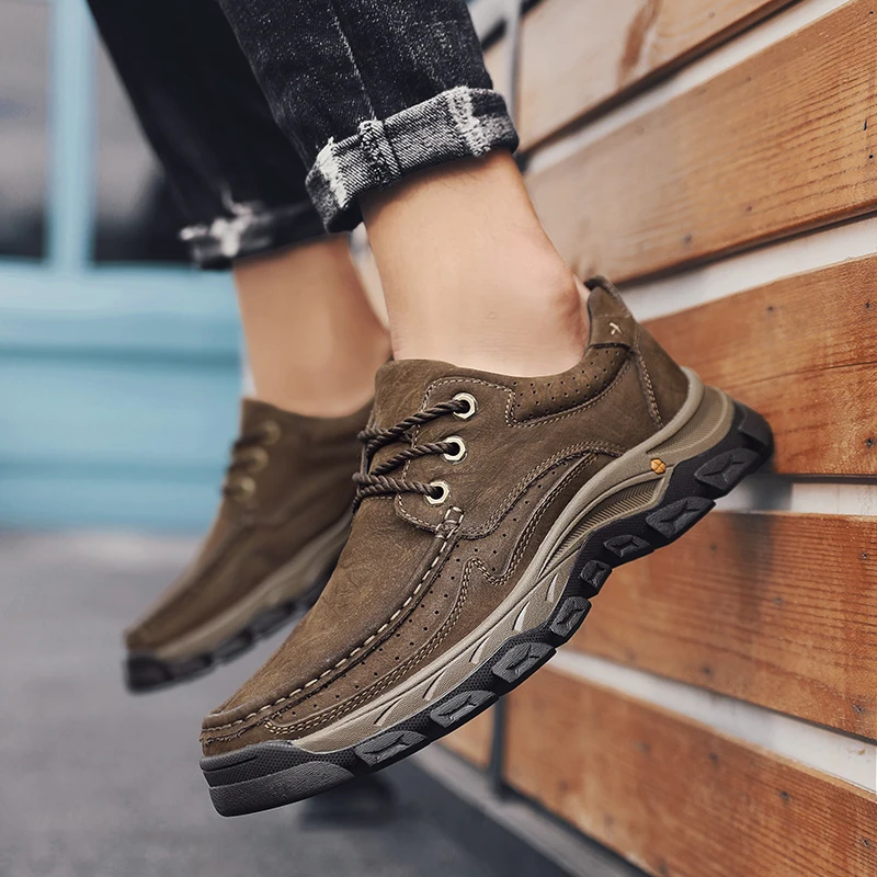 

Natural Leather Boots Men Non-Slip Comfort Autumn Ankle Boots Shoes Rubber Sole Vintage Autumn Walking Shoes Men