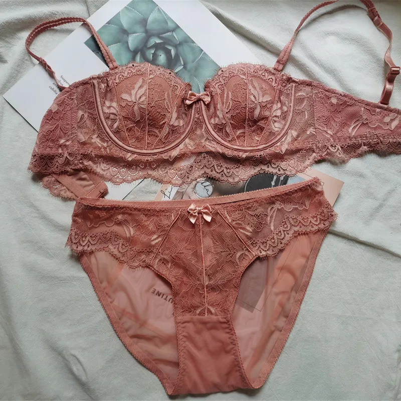 

Sexy lace B cup gathered seamless brief set detachable shoulder straps lingerie ladies non-slip beauty back bra panties set