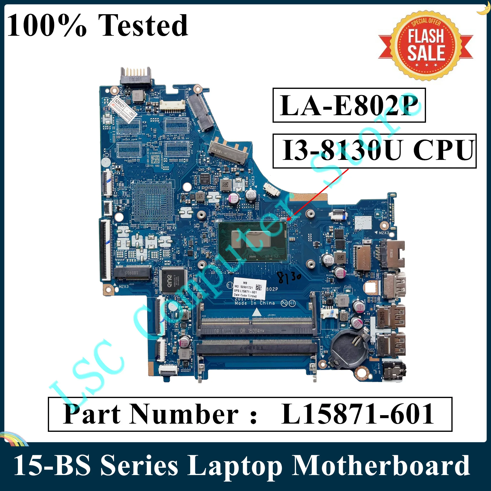 Carte Mère HP ProBook 250 G6 - Processeur Intel I3 7020U, Référence DKL50 LA-E802P, Occasion