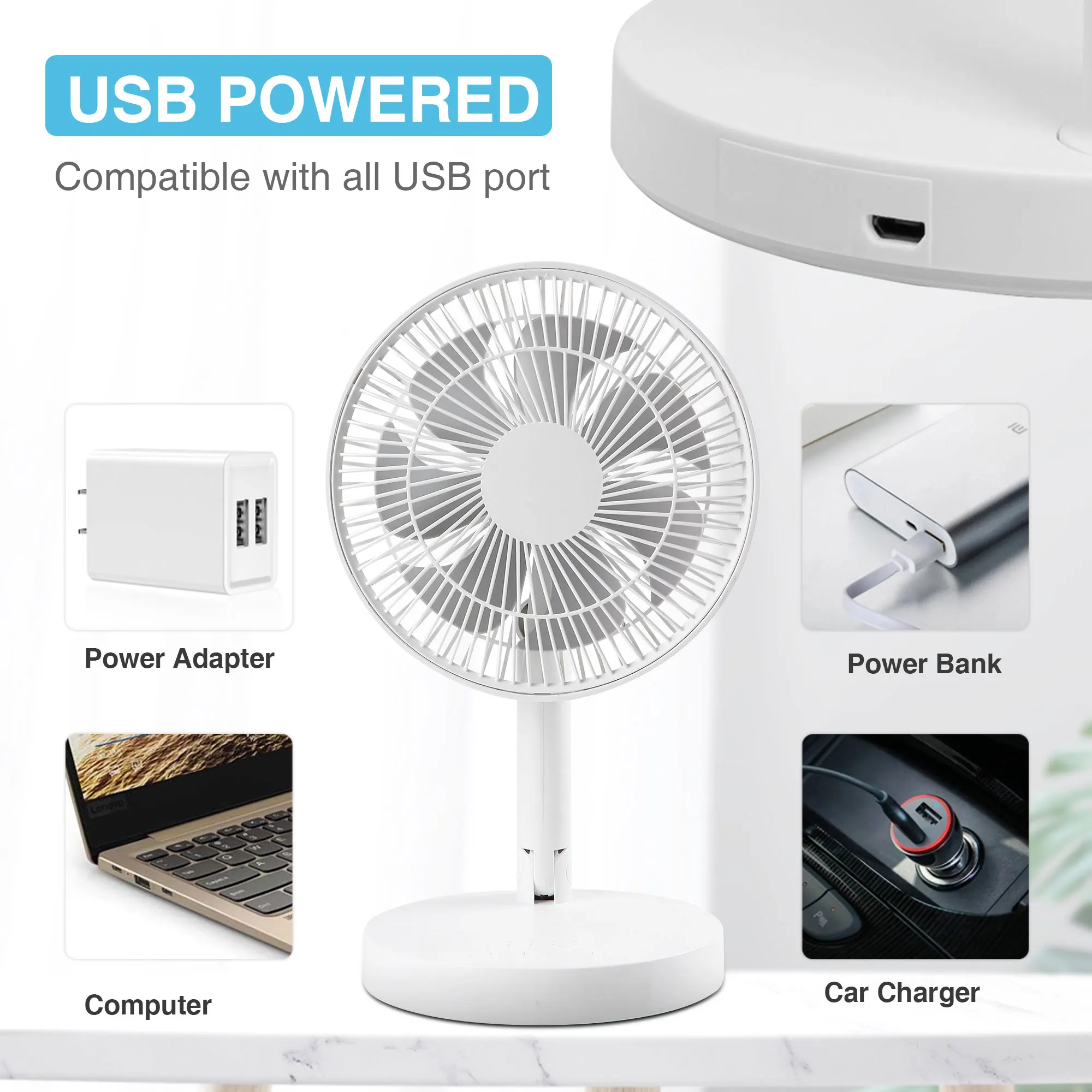 KASYDoFF Rechargeable USB Table Fan ,7200mAh Portable Mini stand Fan Cooling Small Foldable fan for Desk Home Office and bedroom 6
