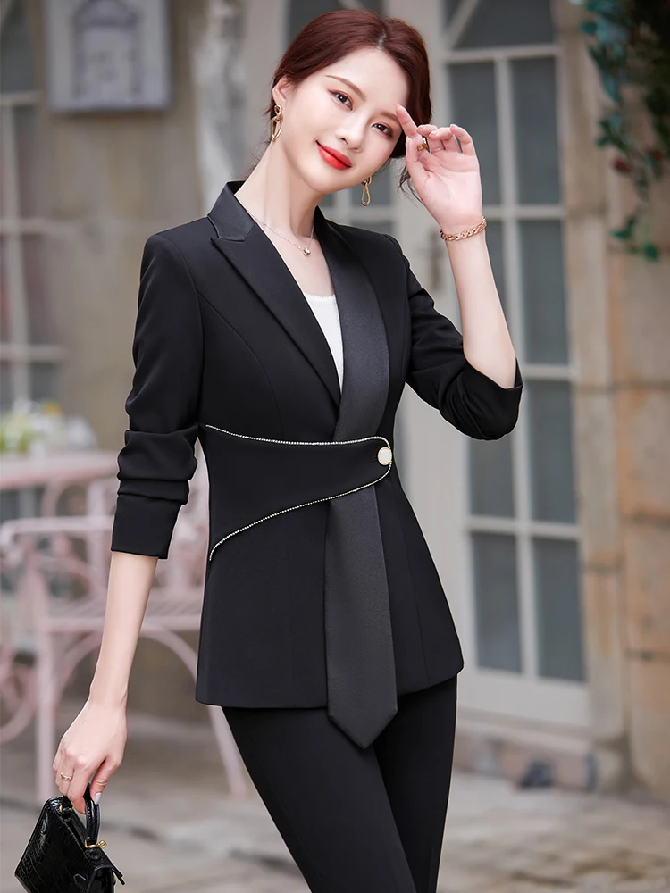 High Quality Office Ladies Black Green Blue Pink Pant Suit Trousers Women Elegant Female Formal Work Business 2 Piece Set S-5XL pink pant suit