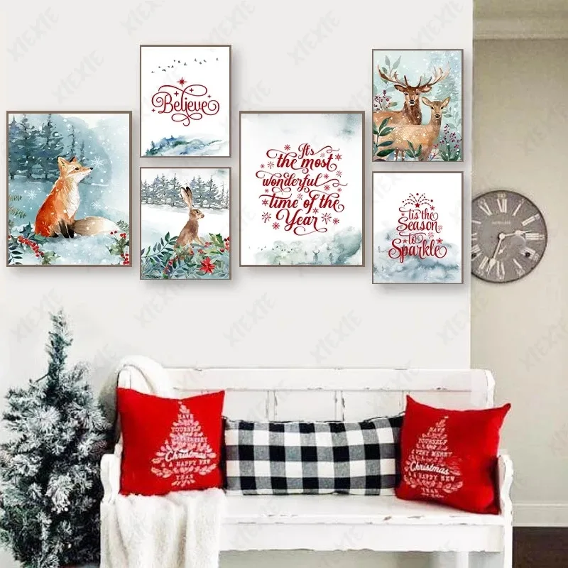 

Christmas Holiday Canvas Painting Fox Rabbit Sika Deer Posters Plant Tree Leaves Nordic Wall Art Picture Decoration Home Bedroom