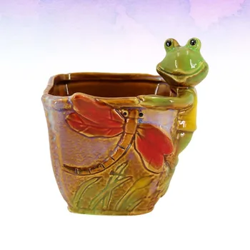 

1PC Lovely Frog Fleshy Flower Pot Cartoon Frog Design Flowerpot Decor Creative Frog Pen Container Underglazed Five Color Ceramic